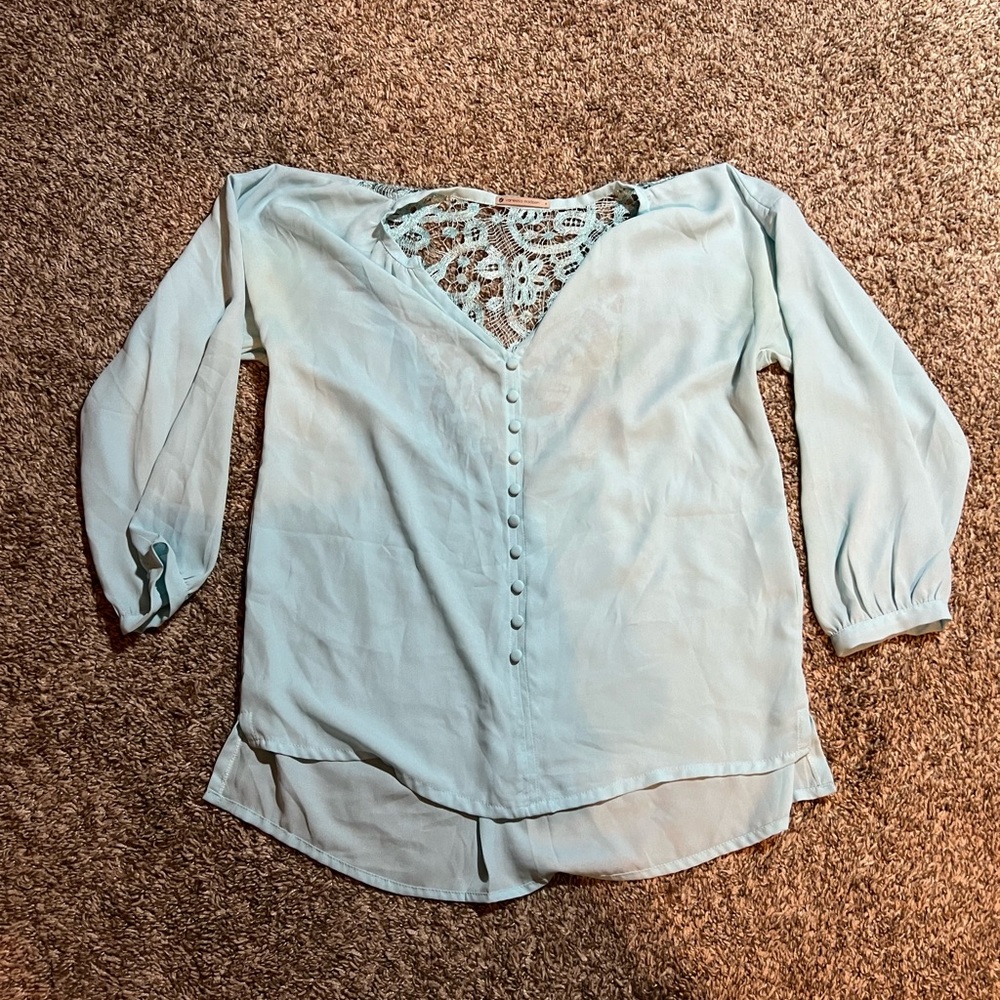 Light blue lace detail, business women’s blouse Small